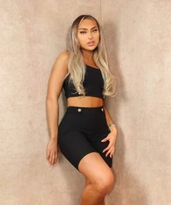 Miss Moda Luxe Black Sculpting Crop Top Gold Button Detailed Short Set