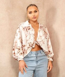 Miss Moda Luxe Gold Floral Satin Long Sleeve Tie Satin Shirt