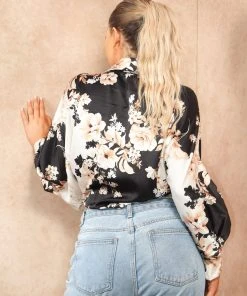Miss Moda Luxe Black And Gold Floral Satin Long Sleeve Tie Satin Shirt -Miss Moda Luxe Shop floralsatinshirts 16 scaled