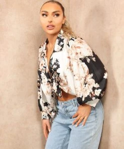 Miss Moda Luxe Black And Gold Floral Satin Long Sleeve Tie Satin Shirt -Miss Moda Luxe Shop floralsatinshirts 17 scaled