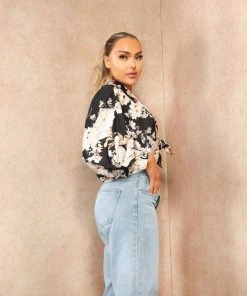 Miss Moda Luxe Black And Gold Floral Satin Long Sleeve Tie Satin Shirt -Miss Moda Luxe Shop floralsatinshirts 20 scaled