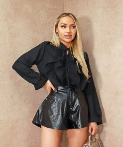 Miss Moda Luxe Black Ruffle Chest Button Up Blouse.