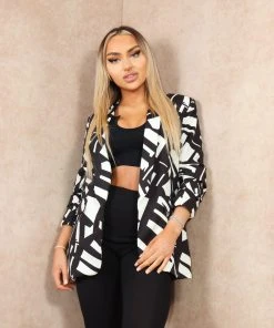 Miss Moda Luxe Black Geometric Print Ruched Sleeve Tailored Blazer