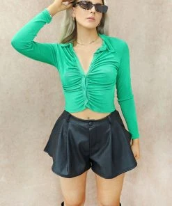 Miss Moda Luxe Green Button Up Long Sleeve Crop Top