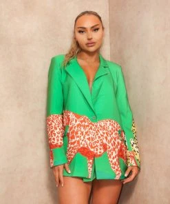 Miss Moda Luxe Green Premium Cheetah Graphic Print Colour-block Blazer