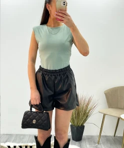 Miss Moda Luxe Green Slinky Shoulder Pad Sleeveless Bodysuit Top