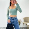 Miss Moda Luxe Green Ribbed Square Neck Long Sleeve Crop Top