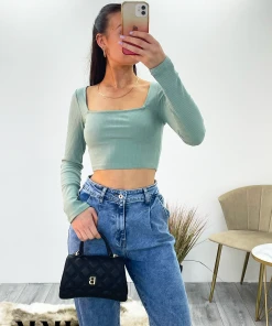 Miss Moda Luxe Green Ribbed Square Neck Long Sleeve Crop Top