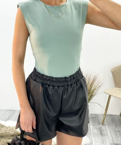 Miss Moda Luxe Green Slinky Shoulder Pad Sleeveless Bodysuit Top -Miss Moda Luxe Shop greencloseup