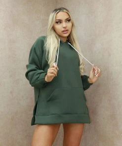 Miss Moda Luxe Khaki Green Oversized Basic Cotton Hoodie