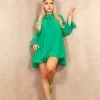 Miss Moda Luxe Green Floaty Chiffon Long Sleeve Dress