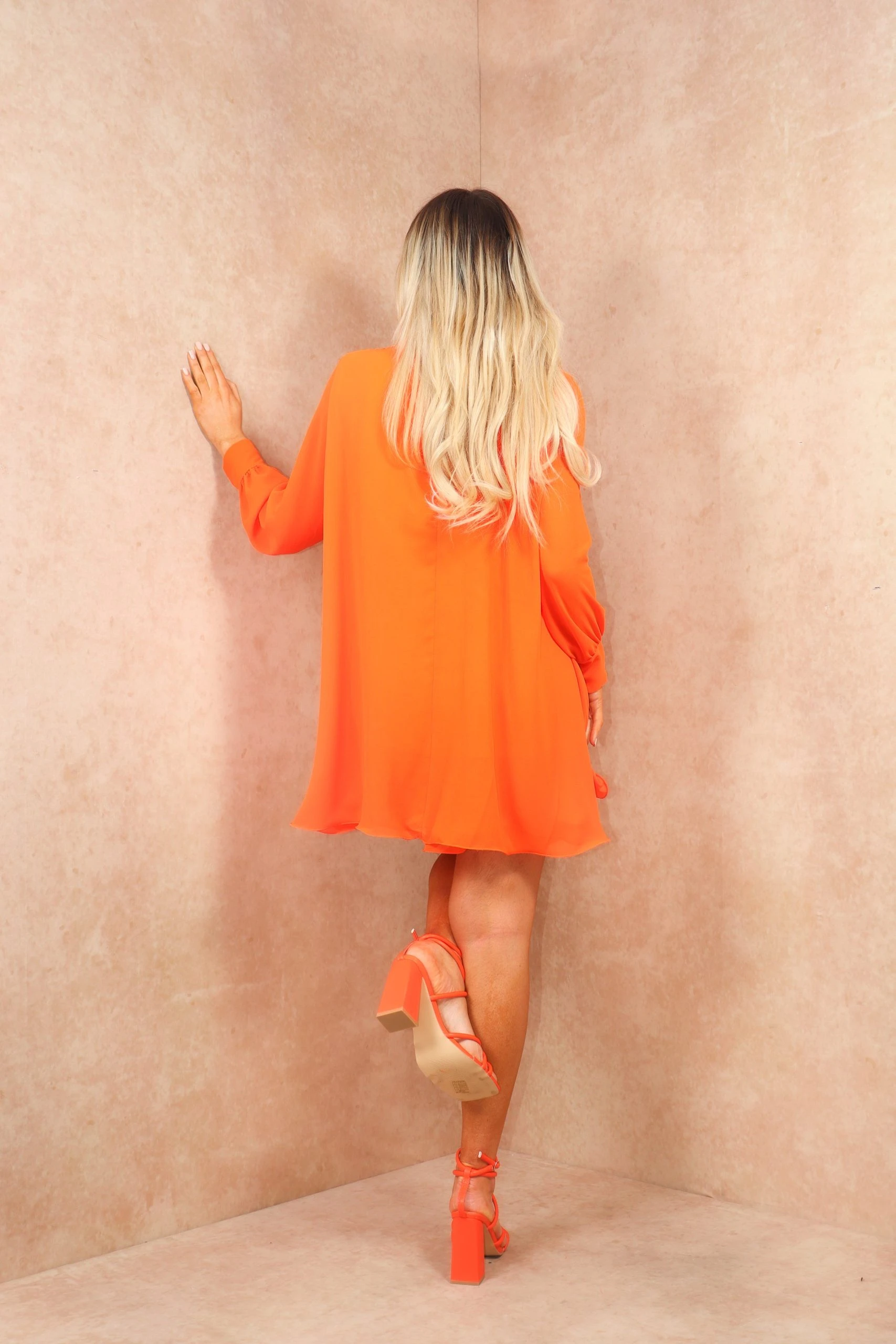 Miss Moda Luxe Orange Floaty Chiffon Long Sleeve Dress 4 Miss Moda Luxe Orange Floaty Chiffon Long Sleeve Dress - Image 4