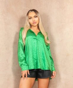Miss Moda Luxe Green Leopard Print Satin Blouse