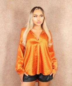 Miss Moda Luxe Orange Leopard Print Satin Blouse