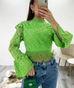Miss Moda Luxe Green Crochet Lace High Neck Top