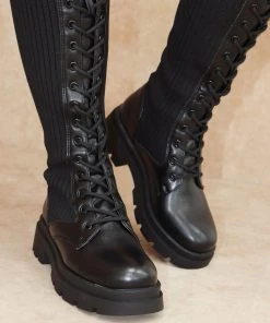 Miss Moda Luxe HOLLY Black Ribbed Knee High Biker Boot -Miss Moda Luxe Shop hollyblack5