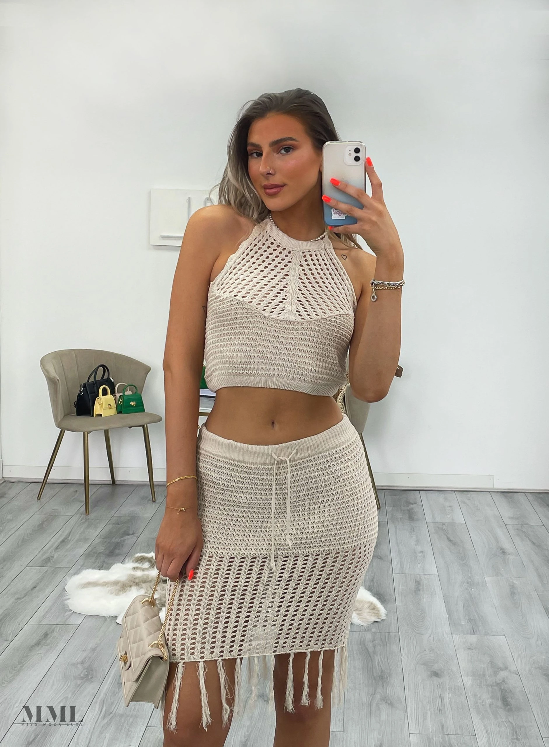 Miss Moda Luxe Beige Crochet Halterneck Top And Midi Skirt Tassel Two-piece 2 Miss Moda Luxe Beige Crochet Halterneck Top And Midi Skirt Tassel Two-piece - Image 2