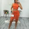 Miss Moda Luxe Orange Crochet Halterneck Top And Midi Skirt Tassel Two-piece
