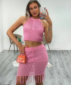 Miss Moda Luxe Pink Crochet Halterneck Top And Midi Skirt Tassel Two-piece