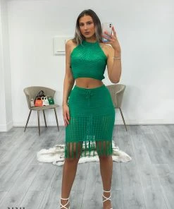 Miss Moda Luxe Green Crochet Halterneck Top And Midi Skirt Tassel Two-piece