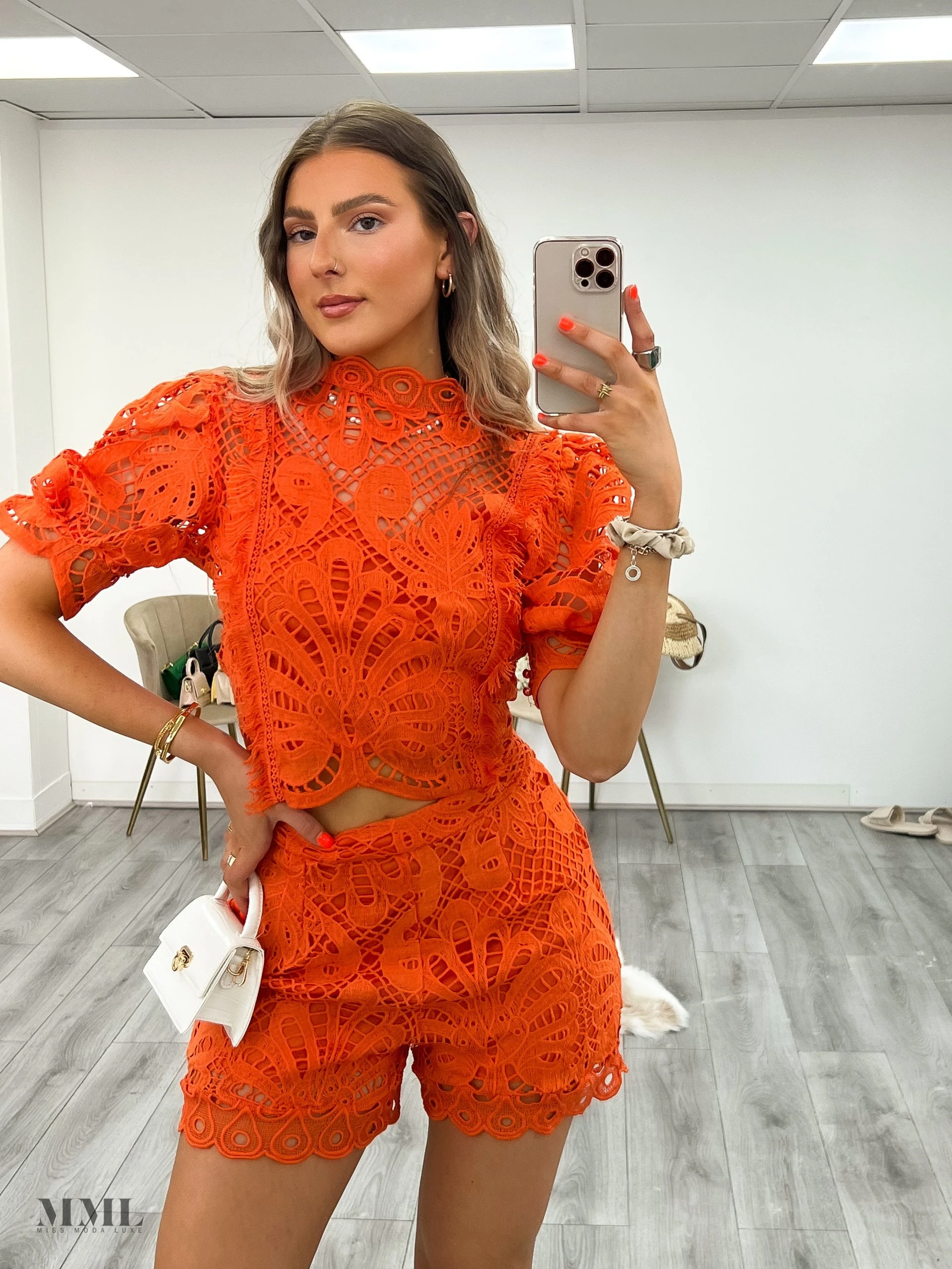 Miss Moda Luxe Orange Premium Crochet Lace Co-ord Set 2 Miss Moda Luxe Orange Premium Crochet Lace Co-ord Set - Image 2