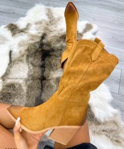 Miss Moda Luxe Camel Mid Calf High Toe Detail Cowboy Boot