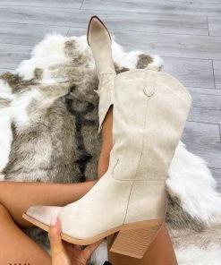 Miss Moda Luxe Beige Mid Calf High Toe Detail Cowboy Boot