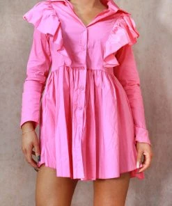 Miss Moda Luxe Pink Ruffle Neck Frill Button Up Cotton Shirt Dress Smock -Miss Moda Luxe Shop jan05 22edit scaled