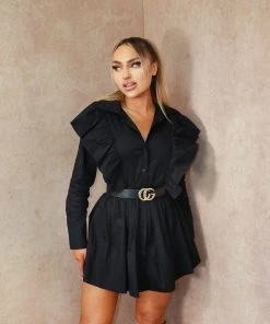 Miss Moda Luxe Black Ruffle Neck Frill Button Up Cotton Shirt Dress Smock