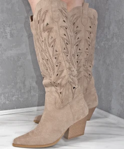 Miss Moda Luxe Taupe Faux Suede Western Style Knee High Cut Out Cowboy Boot