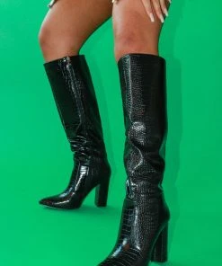 Miss Moda Luxe KYLIE Black Faux Croc Knee High Heeled Boot