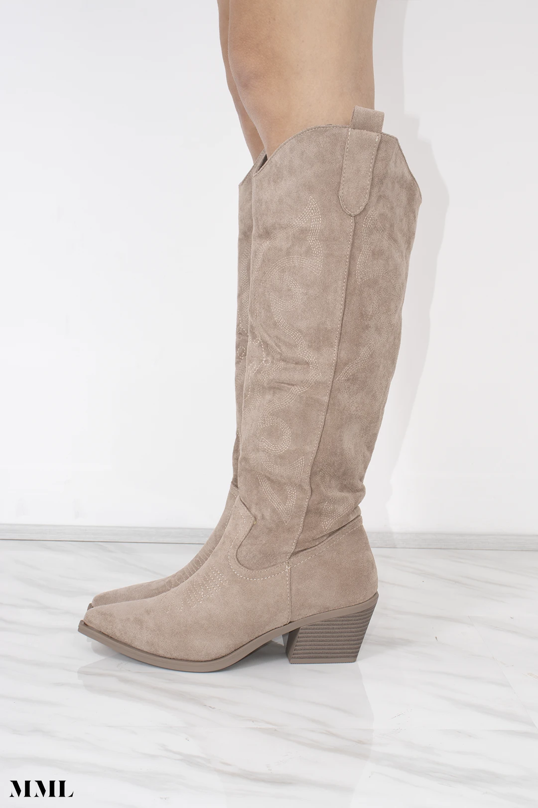 Miss Moda Luxe Taupe Faux Suede Knee High Embroidered Heeled Cowboy Boots 4 Miss Moda Luxe Taupe Faux Suede Knee High Embroidered Heeled Cowboy Boots - Image 4