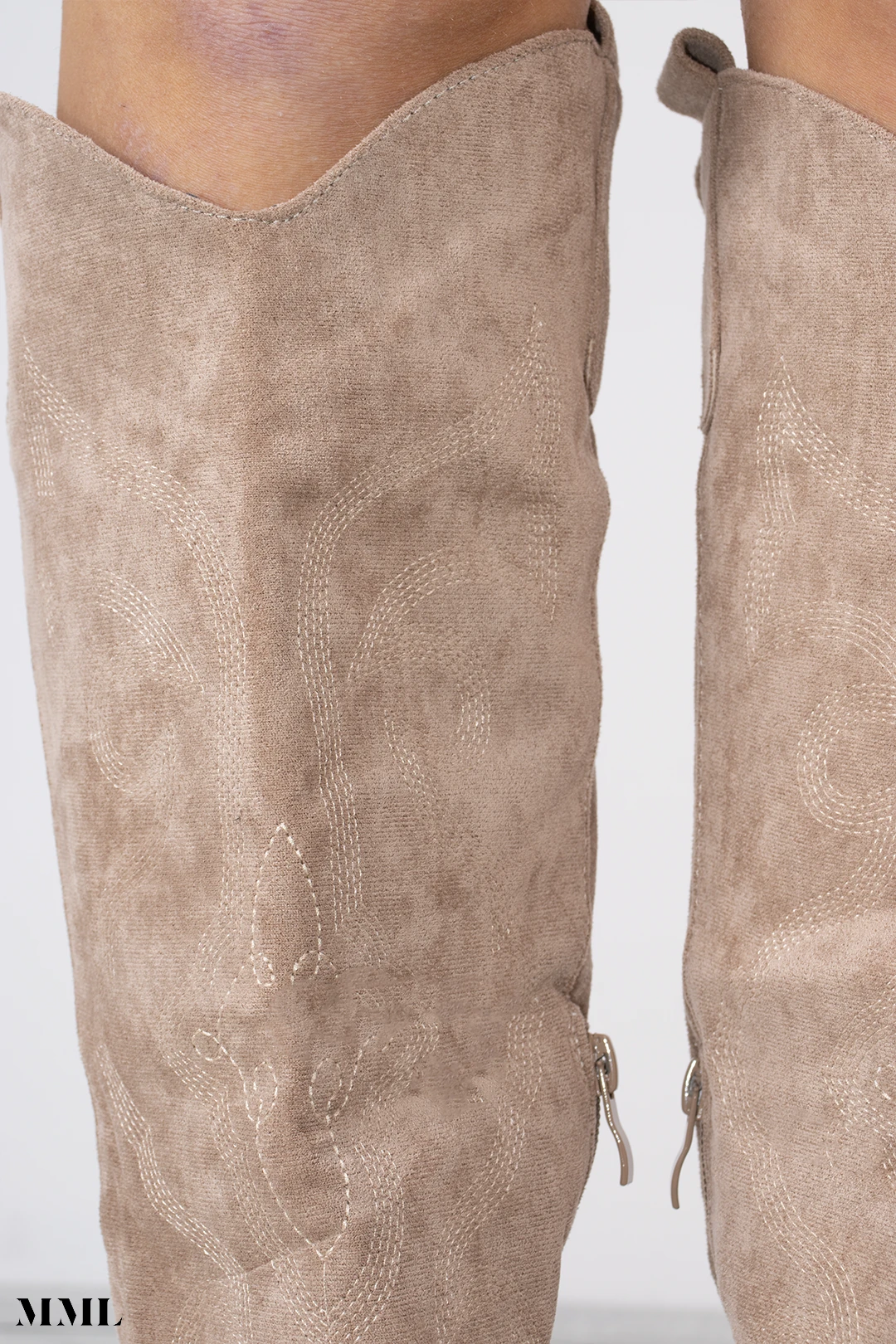 Miss Moda Luxe Taupe Faux Suede Knee High Embroidered Heeled Cowboy Boots 3 Miss Moda Luxe Taupe Faux Suede Knee High Embroidered Heeled Cowboy Boots - Image 3