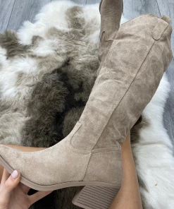 Miss Moda Luxe Taupe Faux Suede Knee High Embroidered Heeled Cowboy Boots