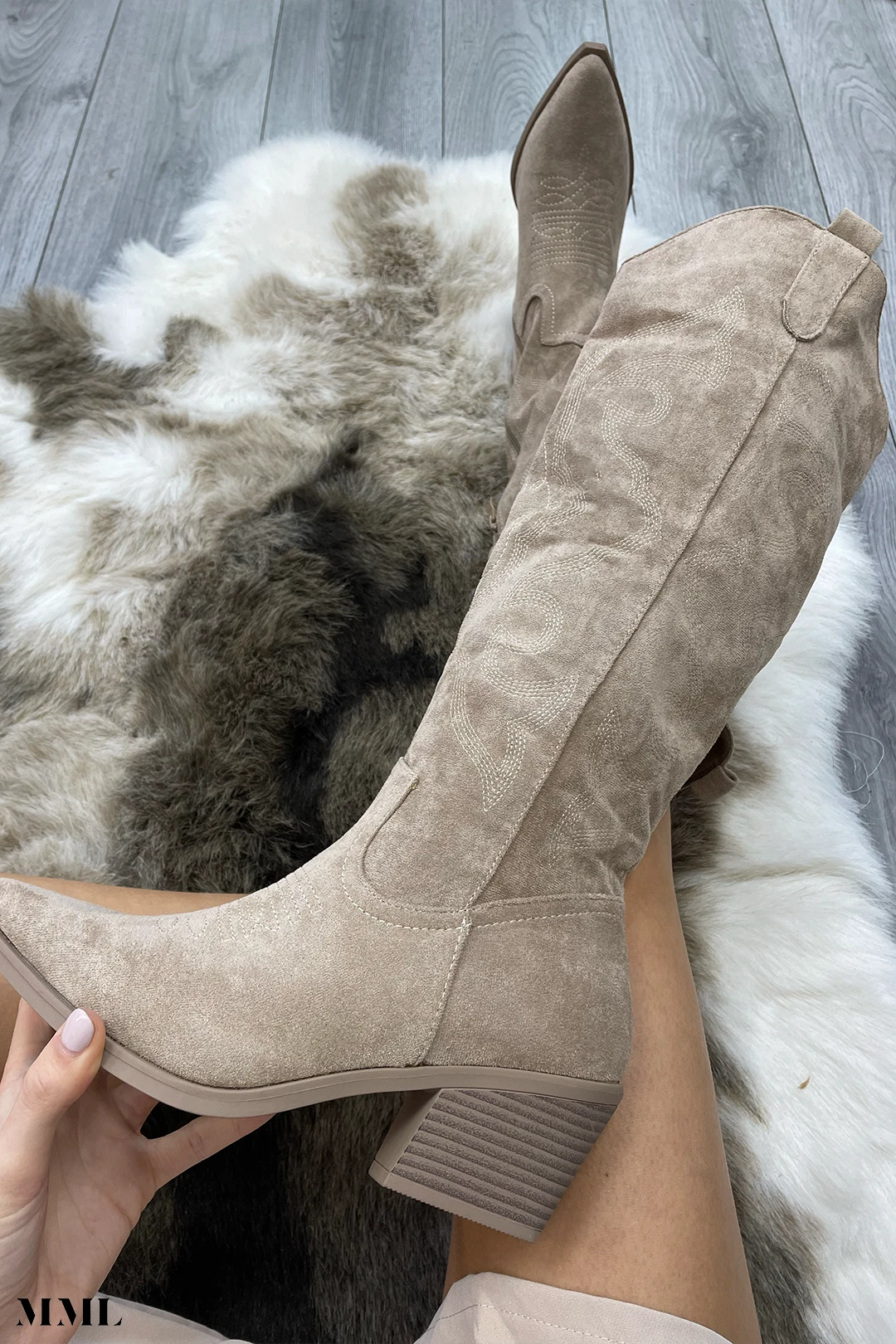 Miss Moda Luxe Taupe Faux Suede Knee High Embroidered Heeled Cowboy Boots 1 Miss Moda Luxe Taupe Faux Suede Knee High Embroidered Heeled Cowboy Boots