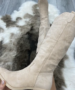 Miss Moda Luxe Beige Knee High Embroidery Faux Suede Cowboy Boot