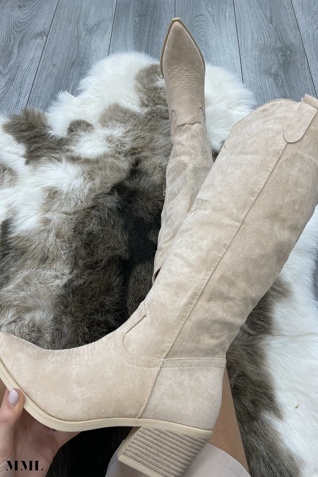 Miss Moda Luxe Beige Knee High Embroidery Faux Suede Cowboy Boot 1 Miss Moda Luxe Beige Knee High Embroidery Faux Suede Cowboy Boot