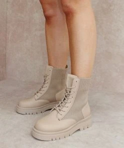 Miss Moda Luxe NICKI Beige Knitted Chunky Sole Biker Boot -Miss Moda Luxe Shop nickibeige3 scaled