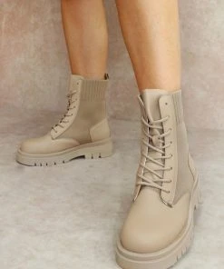 Miss Moda Luxe NICKI Beige Knitted Chunky Sole Biker Boot
