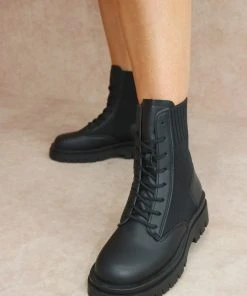 Miss Moda Luxe NICKI Black Knitted Chunky Sole Biker Boot