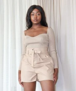 Miss Moda Luxe Beige Faux Leather Paperbag Tie Shorts