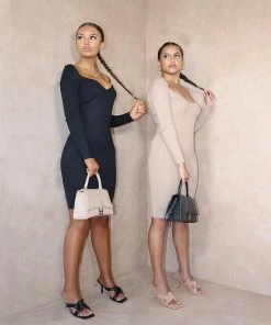 Miss Moda Luxe Beige Ribbed Sweetheart Neck Midi Dress. -Miss Moda Luxe Shop nightoutedit 2