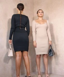 Miss Moda Luxe Beige Ribbed Sweetheart Neck Midi Dress. -Miss Moda Luxe Shop nightoutedit 3