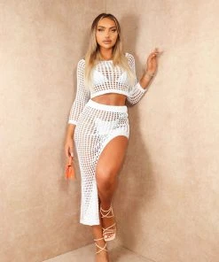 Miss Moda Luxe Luxury White Crochet Long Sleeve Top And Split Midi Skirt Cover Up Set