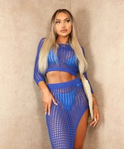 Miss Moda Luxe Luxury Blue Crochet Long Sleeve Top And Split Midi Skirt Cover Up Set -Miss Moda Luxe Shop oceanbeach 42 scaled