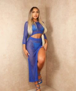 Miss Moda Luxe Luxury Blue Crochet Long Sleeve Top And Split Midi Skirt Cover Up Set