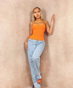 Miss Moda Luxe Orange Premium Bandeau Sculpted Knit Ribbed Top