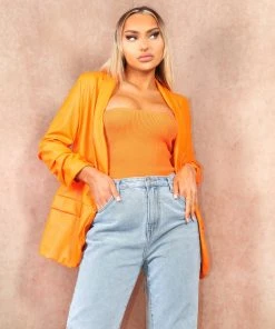 Miss Moda Luxe Orange Faux Leather Ruched Sleeve Blazer
