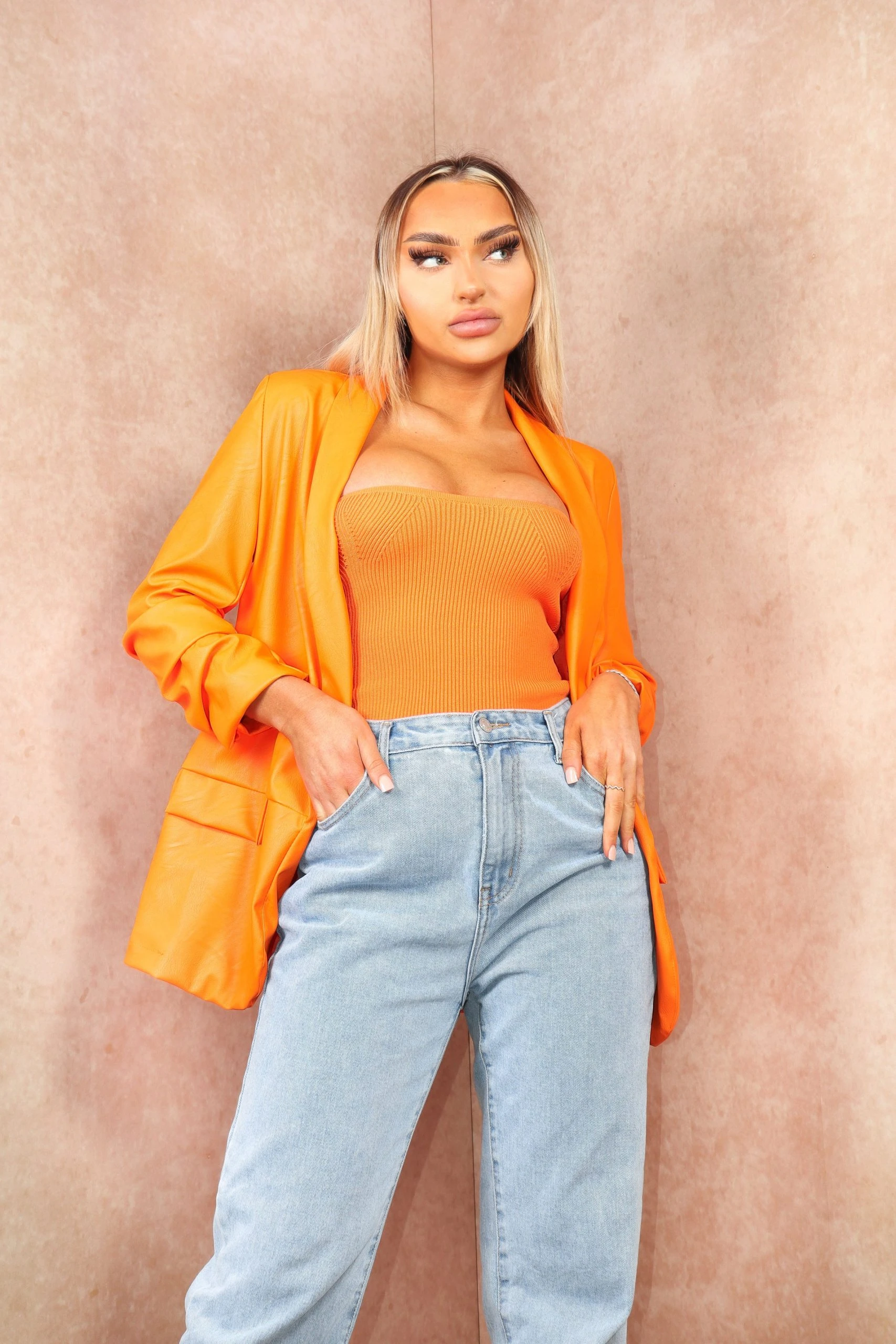 Miss Moda Luxe Orange Faux Leather Ruched Sleeve Blazer 1 Miss Moda Luxe Orange Faux Leather Ruched Sleeve Blazer