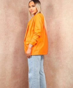Miss Moda Luxe Orange Faux Leather Ruched Sleeve Blazer 7 Miss Moda Luxe Orange Faux Leather Ruched Sleeve Blazer -Miss Moda Luxe Shop orangeblazer scaled